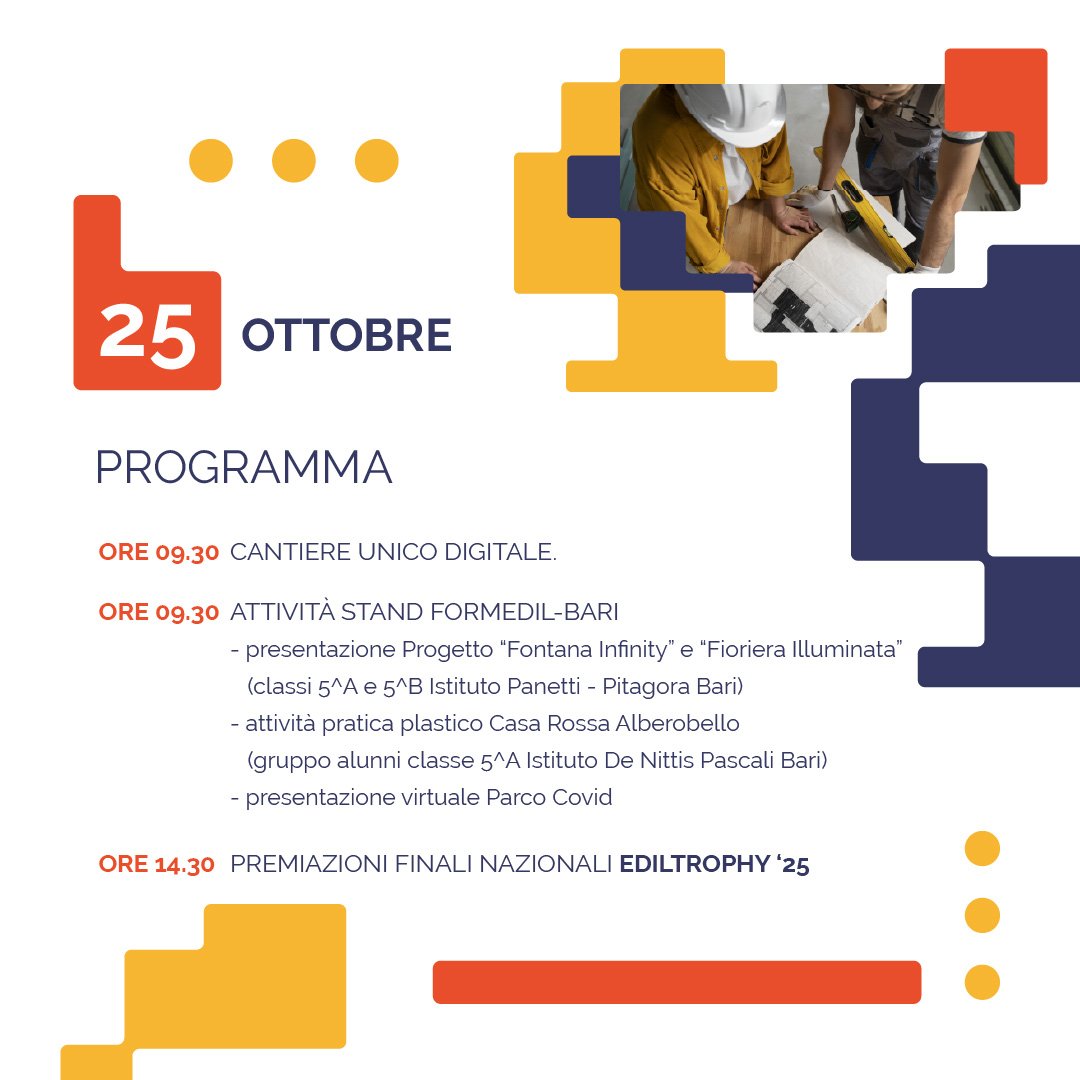🚧 Vivi con noi, 𝗱𝗮𝗹 𝟮𝟯 𝗮𝗹 𝟮𝟱 𝗼𝘁𝘁𝗼𝗯𝗿𝗲, tre giornate dense di appuntamenti nel PalaFormedil durante il 𝗦𝗮𝗶𝗲 𝟮𝟬𝟮𝟱! 
Tutti i giorni troverai:  
🔹 Progetti ragazzi FSL (Formazione Scuola-Lavoro)
🔹 Servizi per il lavoro
🔹 Cantiere Unico Digitale