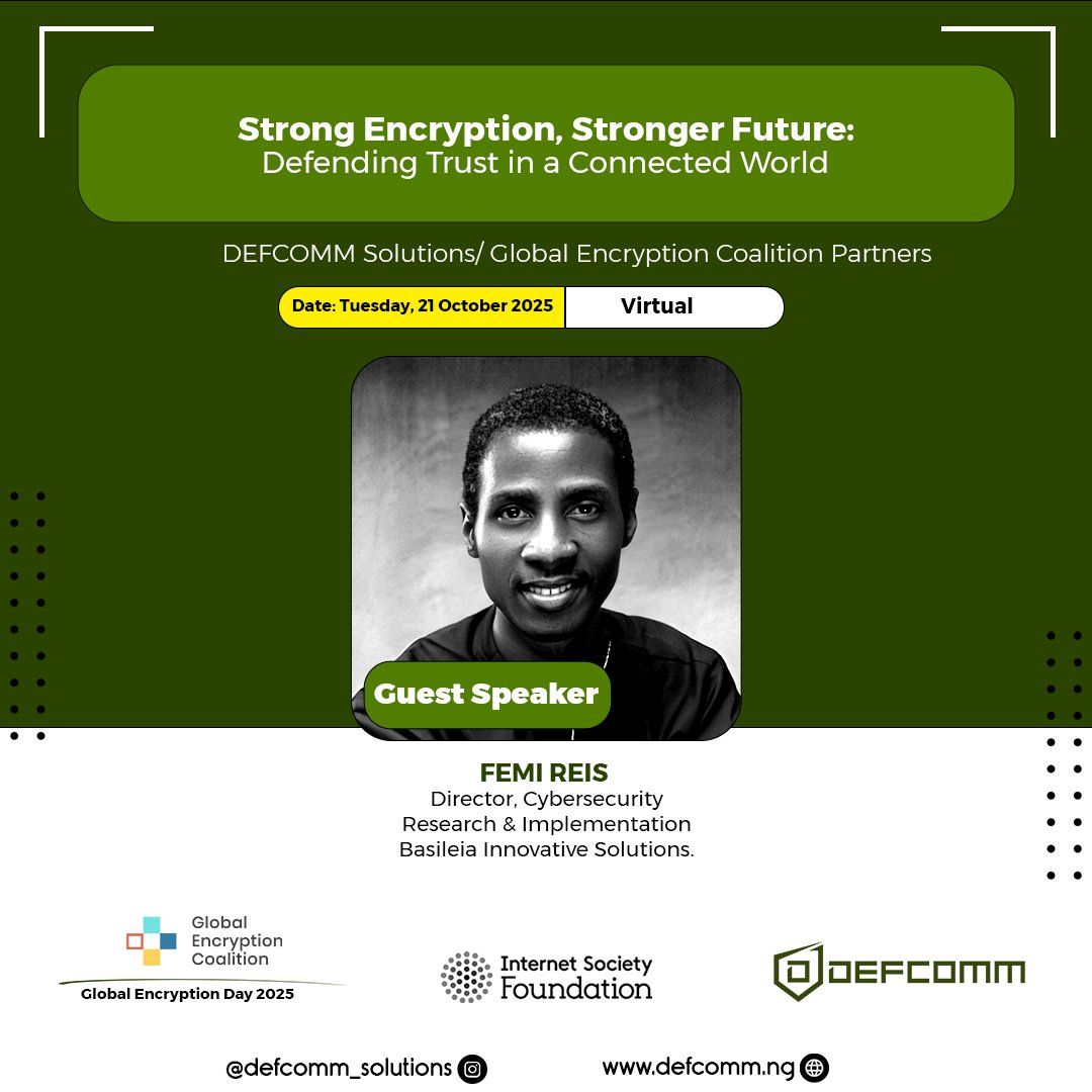 silexsecure's tweet photo. Thrilled to hear Femi Reis speak on “Defending Trust in a Connected World” at #GlobalEncryptionDay2025 (Oct 21 2025 🔐Register now 📷 https://t.co/ZHFzvai893 #DefcommSolutions #StrongEncryption #CyberSecurity #PrivacyMatters https://t.co/kZ3xURkn6v
