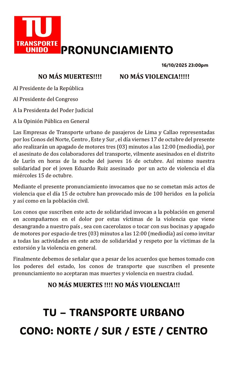 jmhidalgo's tweet photo. 🚍🚨 Transportistas Unidos anuncian apagado de motores para el medio día en todo Lima por terrible tragedia en Lurin contra chofer, copiloto y pasajeros de una combi. Volvieron los ataques a transportistas. https://t.co/IO7jFZsULV