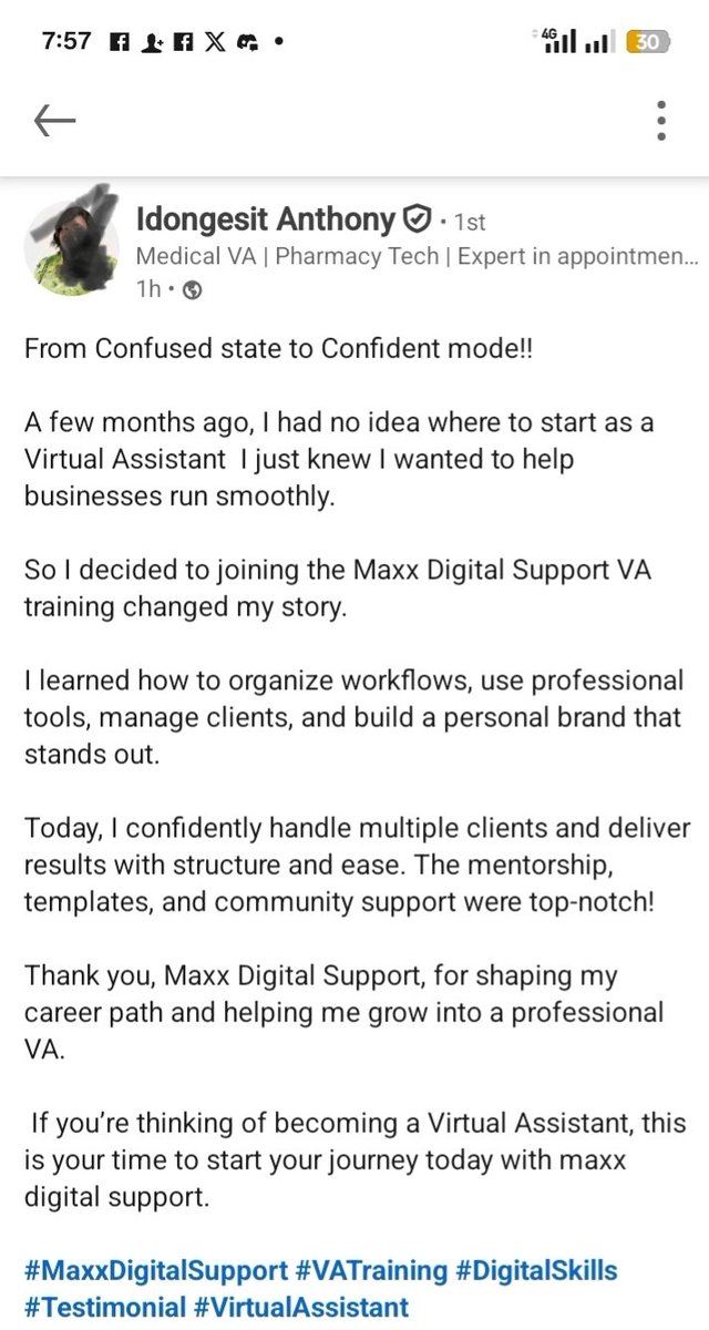 maxxdigisupport's tweet image. From confused to confident ; that’s the #MaxxDigitalSupport story! 

We’re proud of Idongesit’s journey from uncertainty to becoming a skilled Virtual Assistant through our VA Training Program. 

Ready to start yours? 
Join our next cohort today!

#VATraining #DigitalSkills