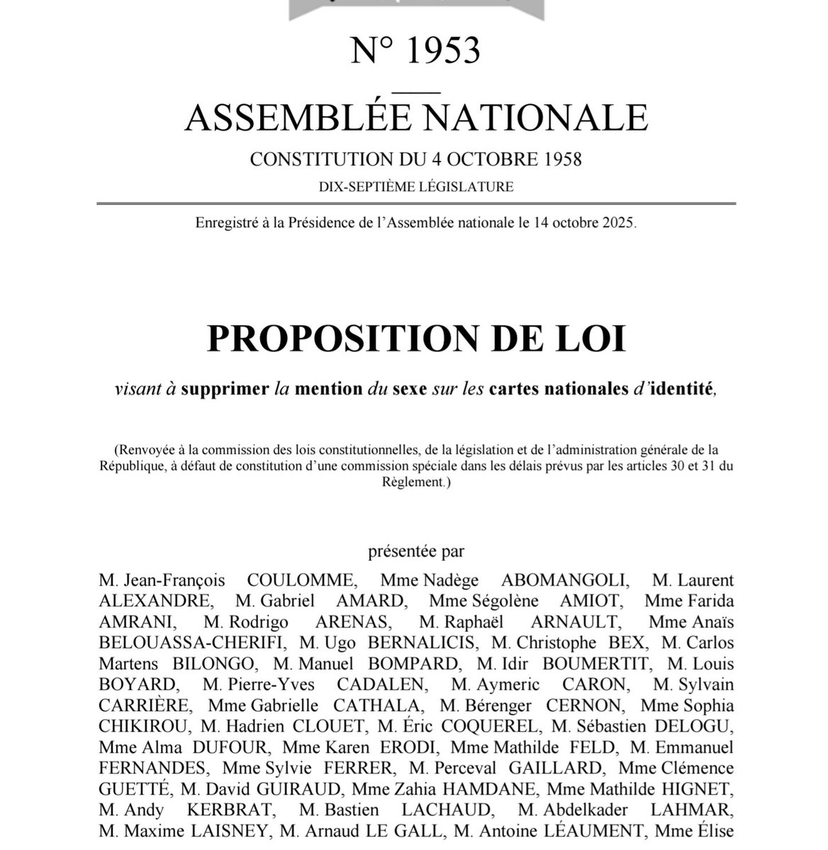 Des siècles de lutte pour le droit des femmes, pour qu'un jour de 2025, on propose de supprimer leur genre sur leur carte d'identité.
Grandiose ! 😡 une talibanisation carrément.
Rajouter des sigles si vous voulez,  mais ne gommez pas le F des femmes. 
<a href="/AssembleeNat/">Assemblée nationale</a>