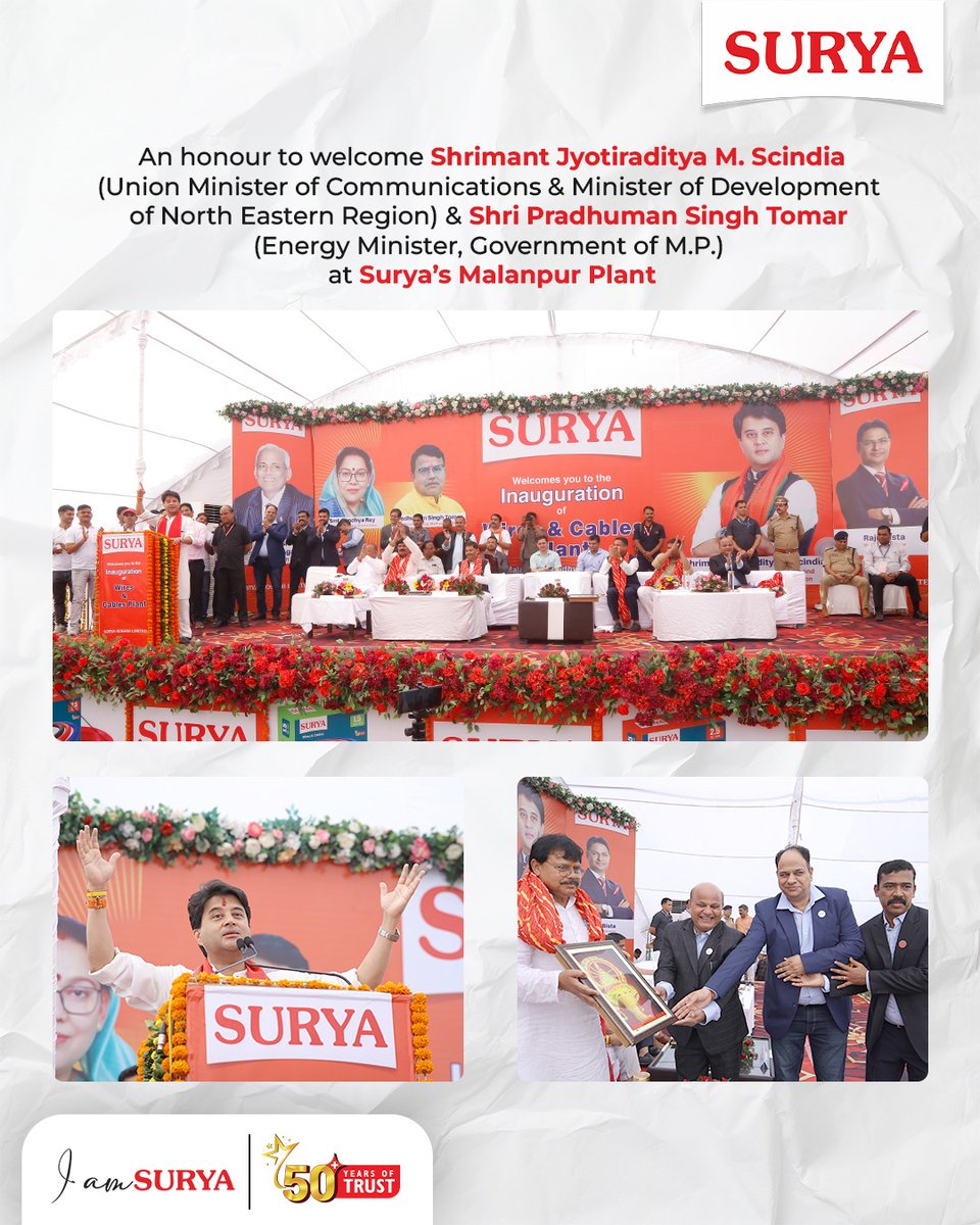 surya_roshni's tweet photo. An honour to host Shrimant Jyotiraditya M. Scindia, Union Minister of Communications & Minister of Development of North Eastern Region, and Shri Pradhuman Singh Tomar, Energy Minister, Government of Madhya Pradesh, at Surya’s Malanpur Plant.
#SuryaRoshni #50YearsOfTrust https://t.co/D5fqjGU1kt