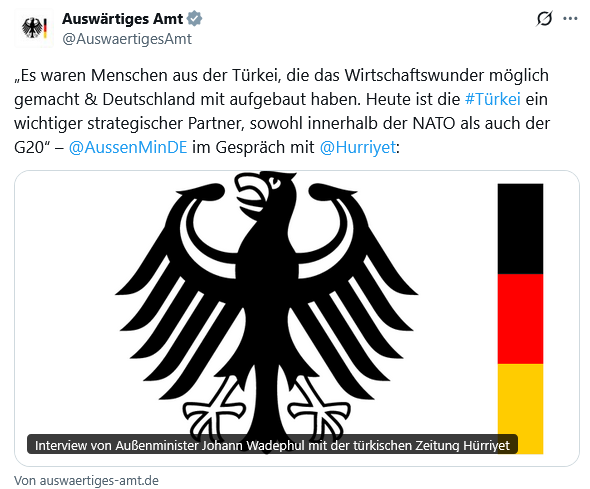 keypousttchi's tweet image. Das 👇 ist erstens Schwachsinn (die Migration aus der Türkei begann erst 1961).

Zweitens zeigt es, was für eine spektakuläre Fehlbesetzung Minister #Wadephul ist.

Und drittens, wie wenig sich im Auswärtigen Amt geändert hat, seit es von der CDU statt den Grünen geführt wird.