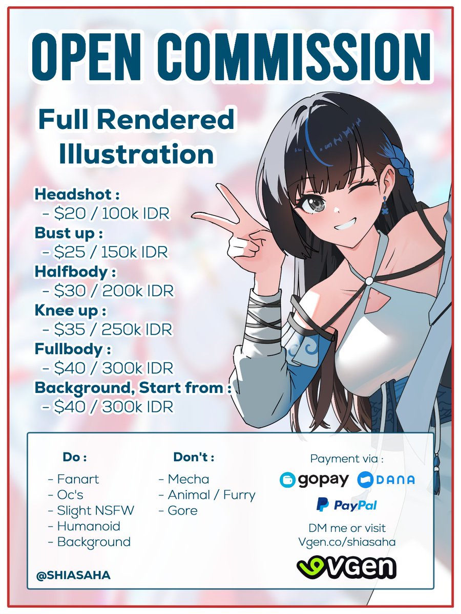 (repost are very appreciated) ✨

Hi there 👋 I am available for commission with cell shade style on vgen for 5 slot! 

if you interested or have some question, feel free to contact me! 
Thank you! 💙
#VGenComm #VGen #opencommission #artistsontwitter