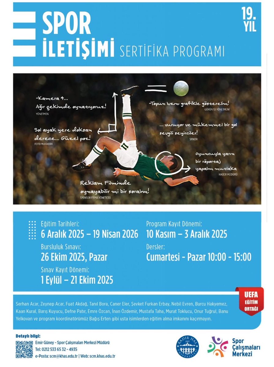 Spor İletişim’in de işi bilenlerinden ve uzmanlardan öğrenmek için tek doğru adres ⬇️ <a href="/khasscm/">Spor Çalış. Merkezi</a> 

Yeni dönem kayıtları için son bir hafta!

scm.khas.edu.tr/programlar/spo…