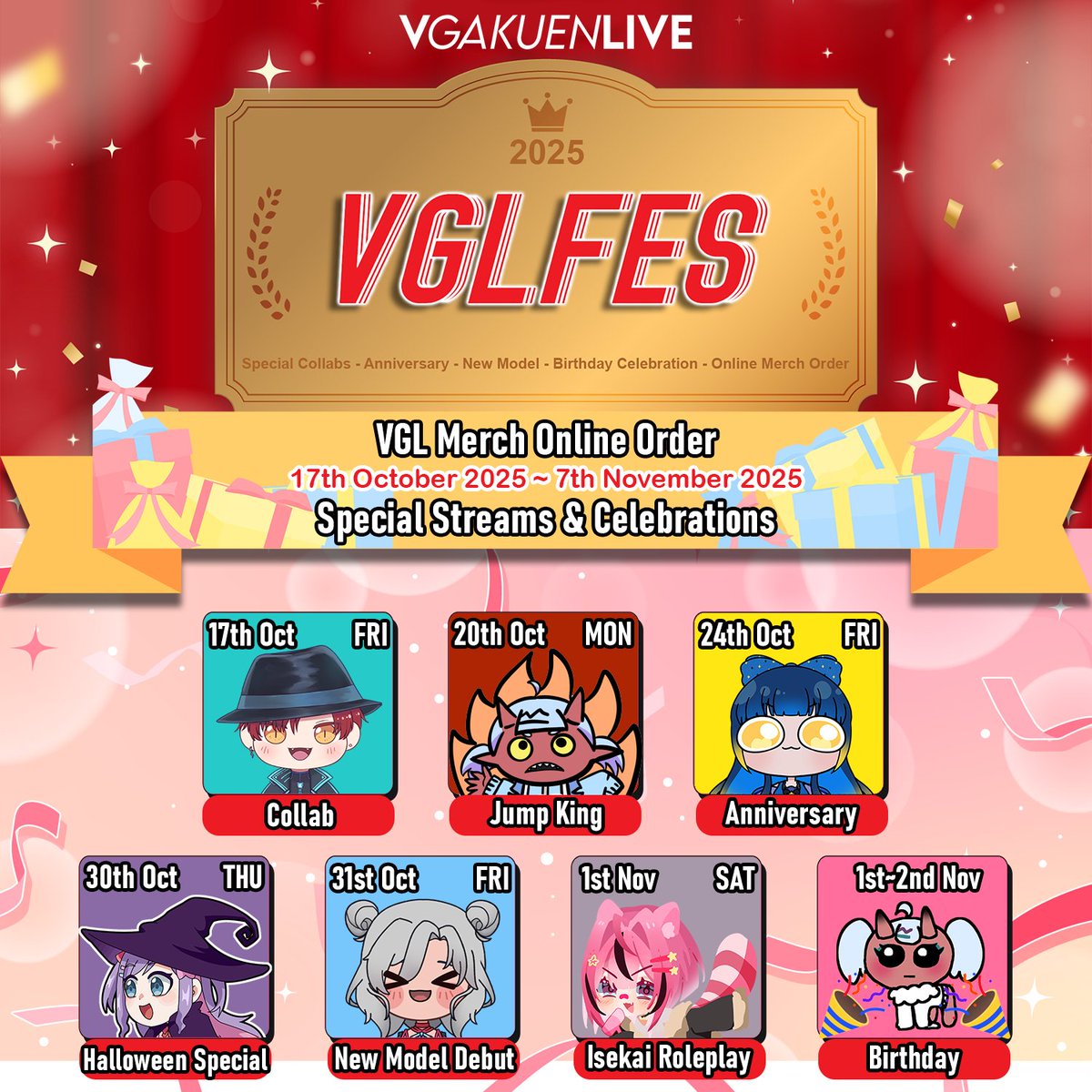 🎉Special Events Announcement🎉
This year our Anniversary is filled with celebrations!
#VGLFES2025 brings you lots of special streams and events, free up your schedule to celebrate with us on these special occasions!