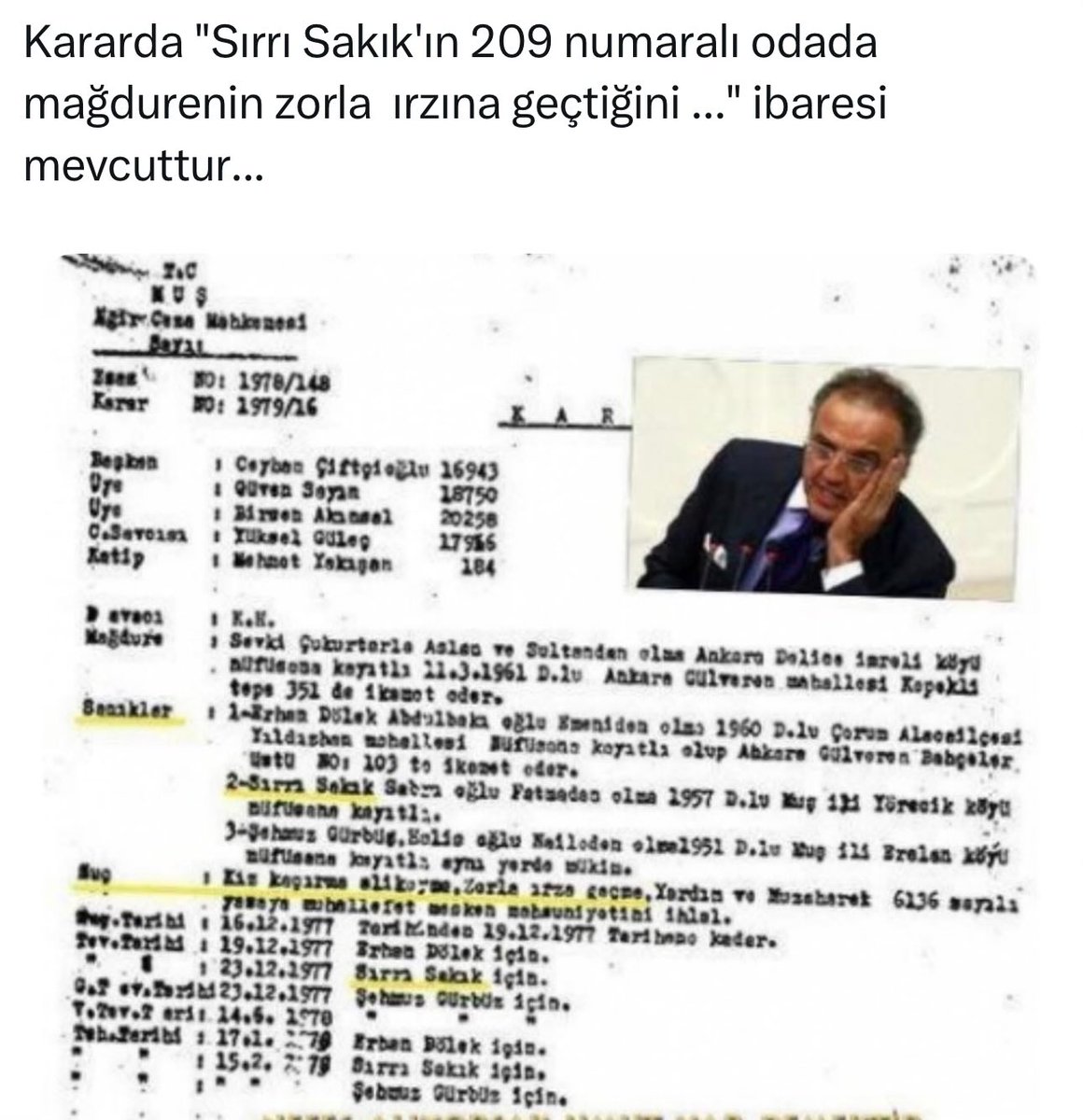 15 yaşında ki kıza silah zoruyla otelde tecavüz edip hüküm giyen tecavüzcünün mecliste ne işi var?
“Sırrı sakık”