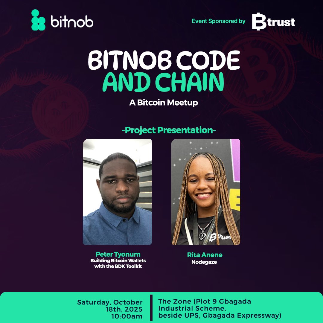 From thought-provoking panel sessions, to innovative project presentations, this is where you need to be.🚀

Bitnob Code and Chain: A Bitcoin Meetup is where builders, developers, and bitcoin enthusiasts dive deep into the future of Bitcoin infrastructure.