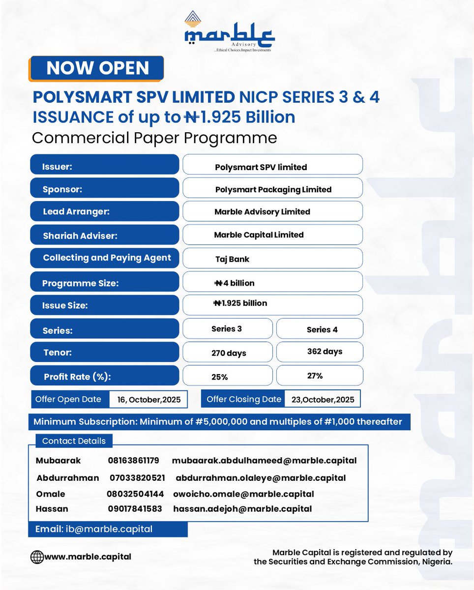 marblecapital's tweet photo. Now LIVE!
Polysmart’s ₦1.925Bn Non-Interest Commercial Paper is open!
Series 3: 270 days | 25.00% yield
Series 4: 362 days | 27.00% yield
Shariah-compliant (Murabaha)
A2 rated
Closes Oct 23 2025
#Polysmart #IslamicFinance #GreenInvesting #Murabaha #NigeriaInvests https://t.co/50pIQLNpLo