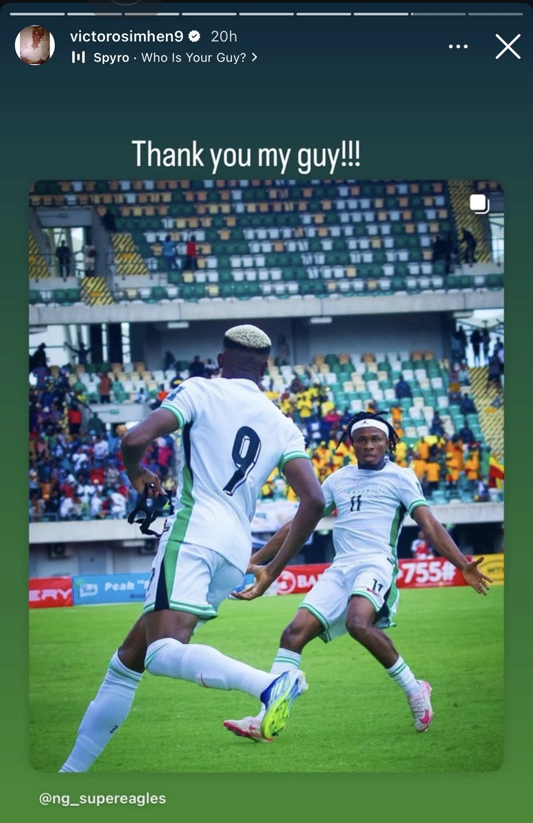 Brilafm889's tweet image. Victor Osimhen praises his Super Eagles teammates for fighting hard alongside him to secure a spot in the 2026 World Cup playoffs despite the tough spot they were in. 💪🏾🇳🇬⚽️