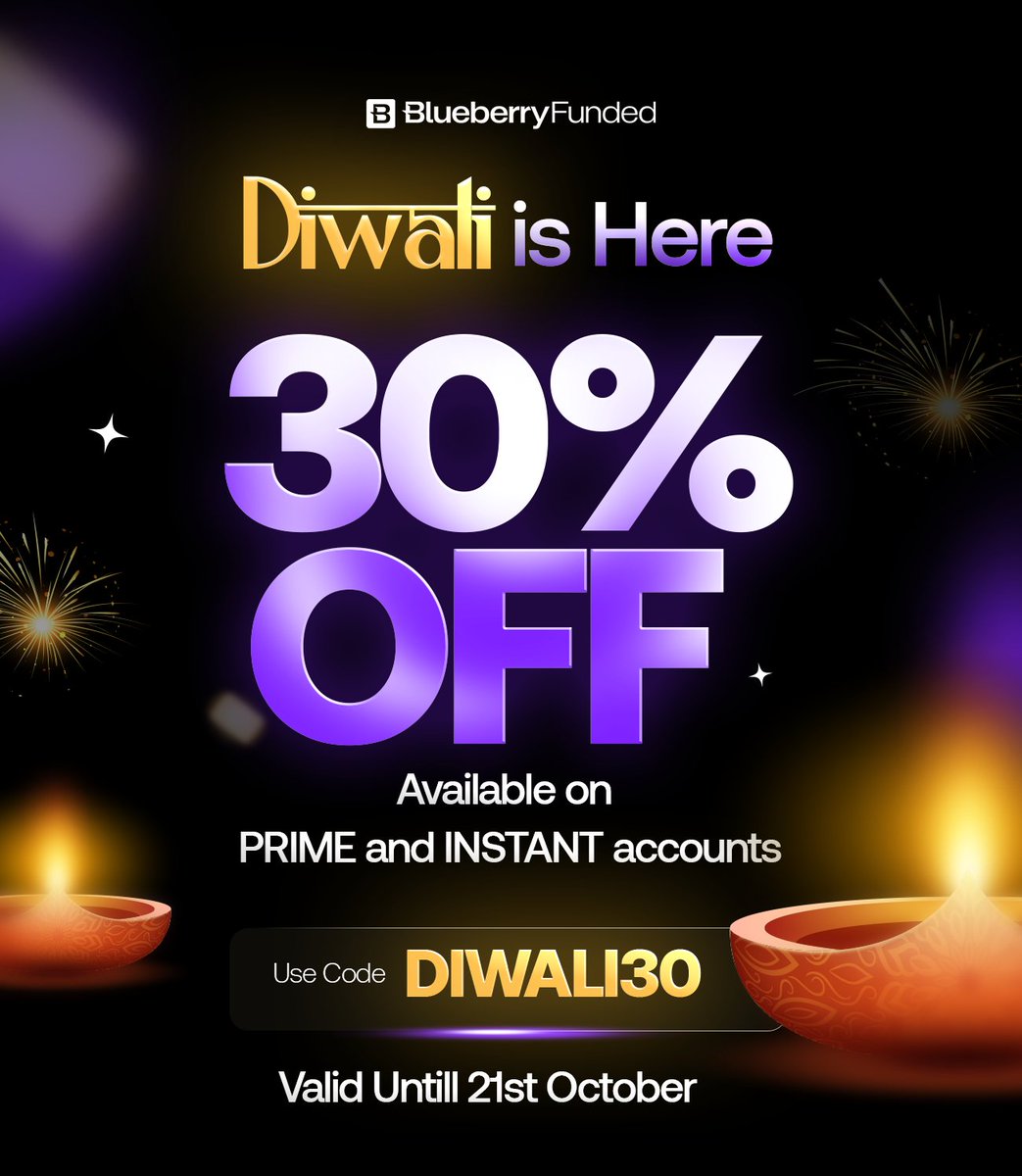 THE WAIT IS OVER! 

Here is your Diwali gift, Traders. 🎁
 
30% off all PRIME &amp; INSTANT accounts. 🔥

This Diwali, we are lighting up your trading journey too! 🪔📈🫐

Excited? Then grab your gift!

Use Code: DIWALI30 

🌐 Here is the link: blueberryfunded.com/diwali-sale/

Valid till