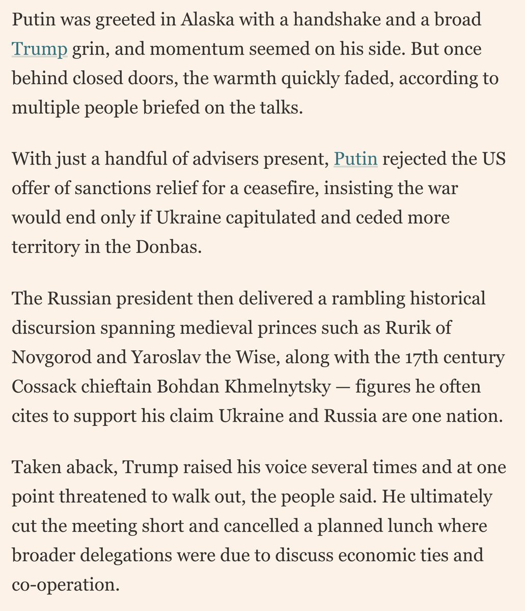 michaeldweiss's tweet image. More reporting coming out on the Alaska summit. Recall initial impressions that Putin skipping the lunch and leaving early suggested things did not go so well, even if the pageantry was humiliating for the U.S. The event was premised on Witkoff not knowing what the Russians were…