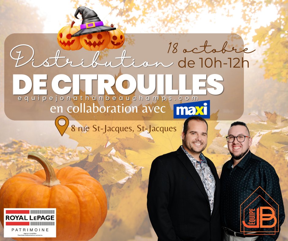 Martin_StJean's tweet photo. 🎃 C’est demain !
De 10h à midi, je serai au Maxi de St-Jacques pour donner des citrouilles 🎃
En plus, courez la chance de gagner une carte cadeau 🎁
Passez me voir, on jase d’immobilier, de sports ou juste de la vie 😄
#CitrouillesGratuites #StJacques #Immobilier https://t.co/3hQASI0XyY