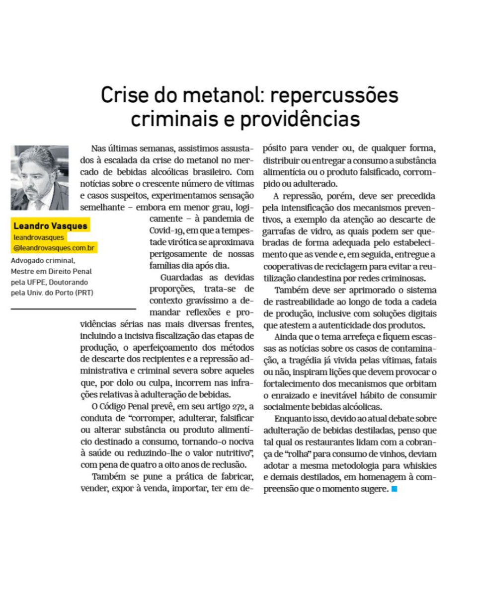 leandrovasques's tweet photo. Bom dia.

Convido-os para uma reflexão diante da *crise trazida pelo Metanol e suas repercussões criminais e demais providências e sugestões*, no artigo que publico na edição de hoje do periódico OPOVO.

Uma abençoada Sexta-feira e um venturoso fim‑de‑semana a todos.
Abs. https://t.co/L6r6NAOfKp