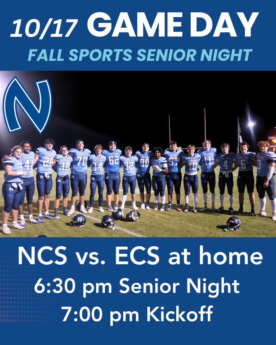 NCSThePoint's tweet photo. The 6-2 Northpoint Football Team has a HUGE district football game tonight as NCS hosts ECS.
Arrive early as seniors from all Fall Sports including: Football, Cheer, Band, XC,and Golf will be introduced for Senior Night at 6:30 pm.
We need all our fans to #PackThePoint https://t.co/whRIwElN65