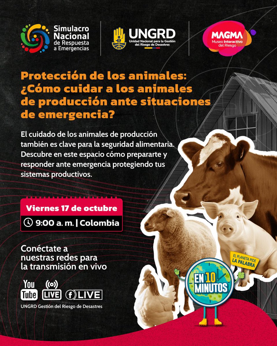 UNGRD's tweet image. ¡Hoy tenemos un plan! Acompáñanos en esta edición de #10Minutos de #ElPlanetaPideLaPalabra y descubre cómo proteger a los animales de producción ante situaciones de emergencia 🐄🐖🐔

📅 Viernes 17 de octubre
🕘 9:00 a.m. 
📍Sigue la transmisión #EnVivo aquí 👇…