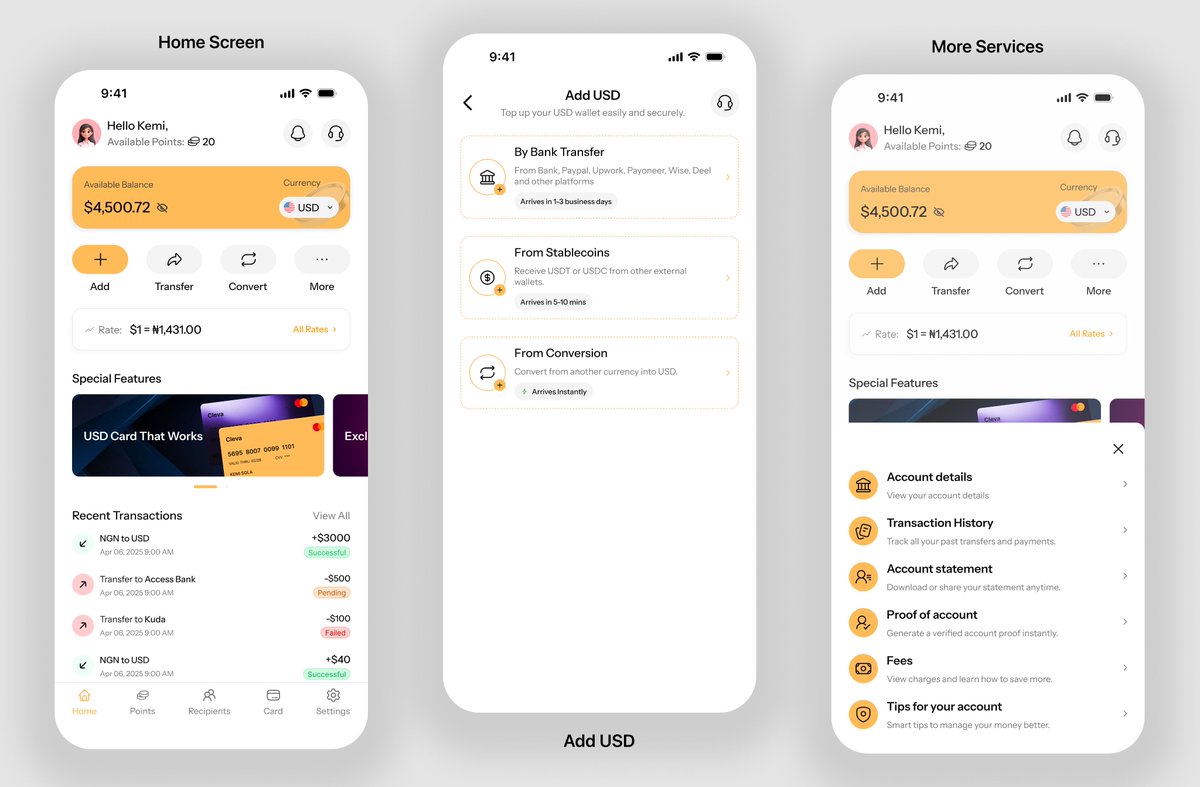 Khemi__Sola's tweet photo. So i jumped on this design challenge and I focused on enhancing the Home, Add Funds, and More screens while keeping their familiar flow intact. 

I made sure to not replace what already works, but to improve the experience without losing what users love.
#Clevaredesignchallenge https://t.co/nIy0Q9EKLp