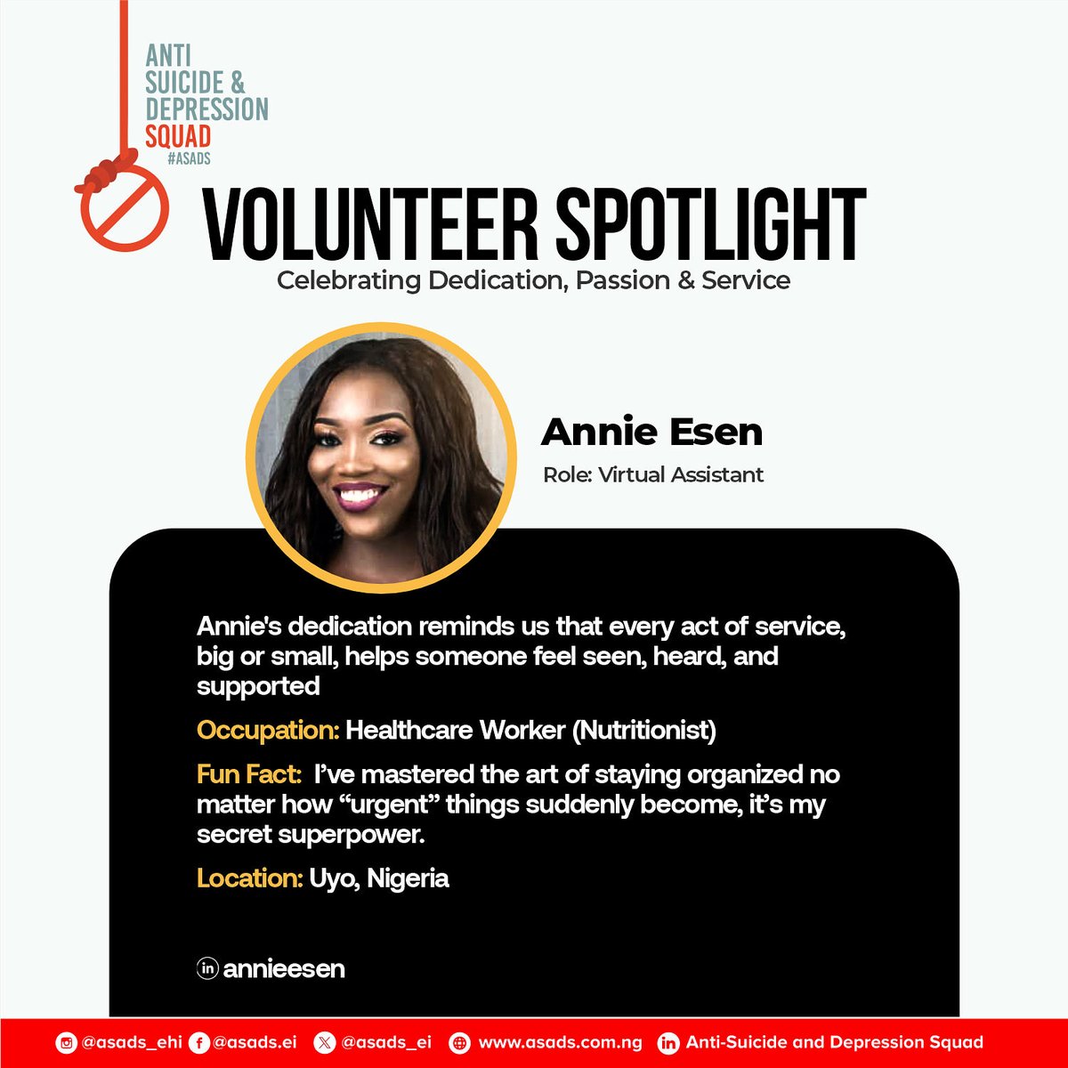 Meet Annie Esen, one of our incredible ASADS volunteers! 💫
As a Virtual Assistant and Healthcare Worker, Annie brings compassion, organization, and dedication to everything she does.
Her service reminds us that kindness in action can change lives. 💚
#ASADS #VolunteerOfTheWeek
