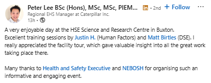 Huge thanks to the Health and Safety Executive and our NEBOSH Alumni for such a great event yesterday. It was fantastic to meet you all and spend a day learning together. 

⭐⭐⭐⭐⭐