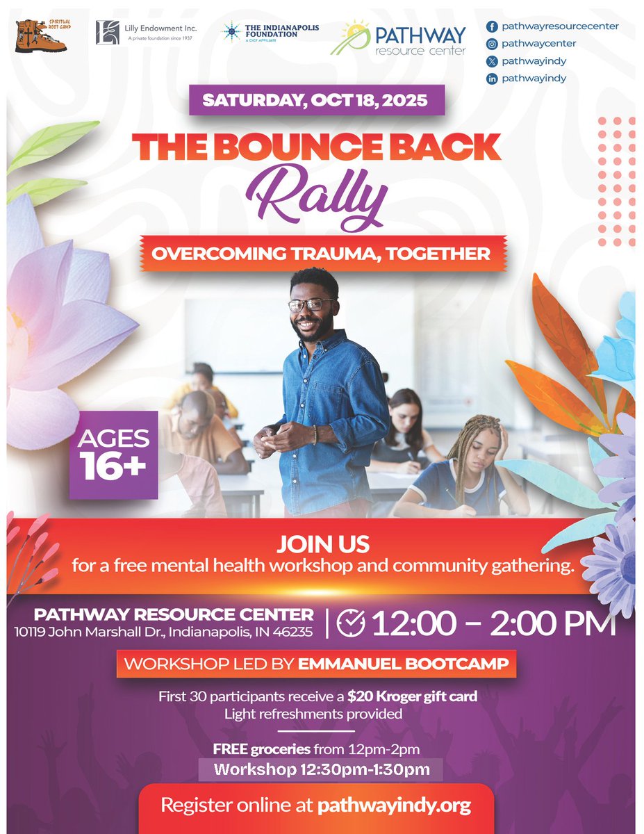 pathwayindy's tweet photo. Tomorrow is the day! Join us at Pathway Resource Center tomorrow at Noon, for the Bounce Back Rally: free workshop, groceries, and gift cards. Register now at https://t.co/sRo7gknDir. See flyer for more details.

#overcomingtrauma #mentalhealth #BounceBackRally #pathwayindy #D2S https://t.co/la7yWruOZu