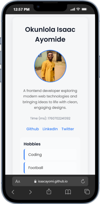 _devPRIME's tweet image. I just completed my stage 0 task of the @hnginternship frontend track. The task was to build a profile card component using html, css and js.
live link: isaacayomi.github.io/HNG-STAGE-0/
#hng #hnginternship #HNG13 #FrontendDev