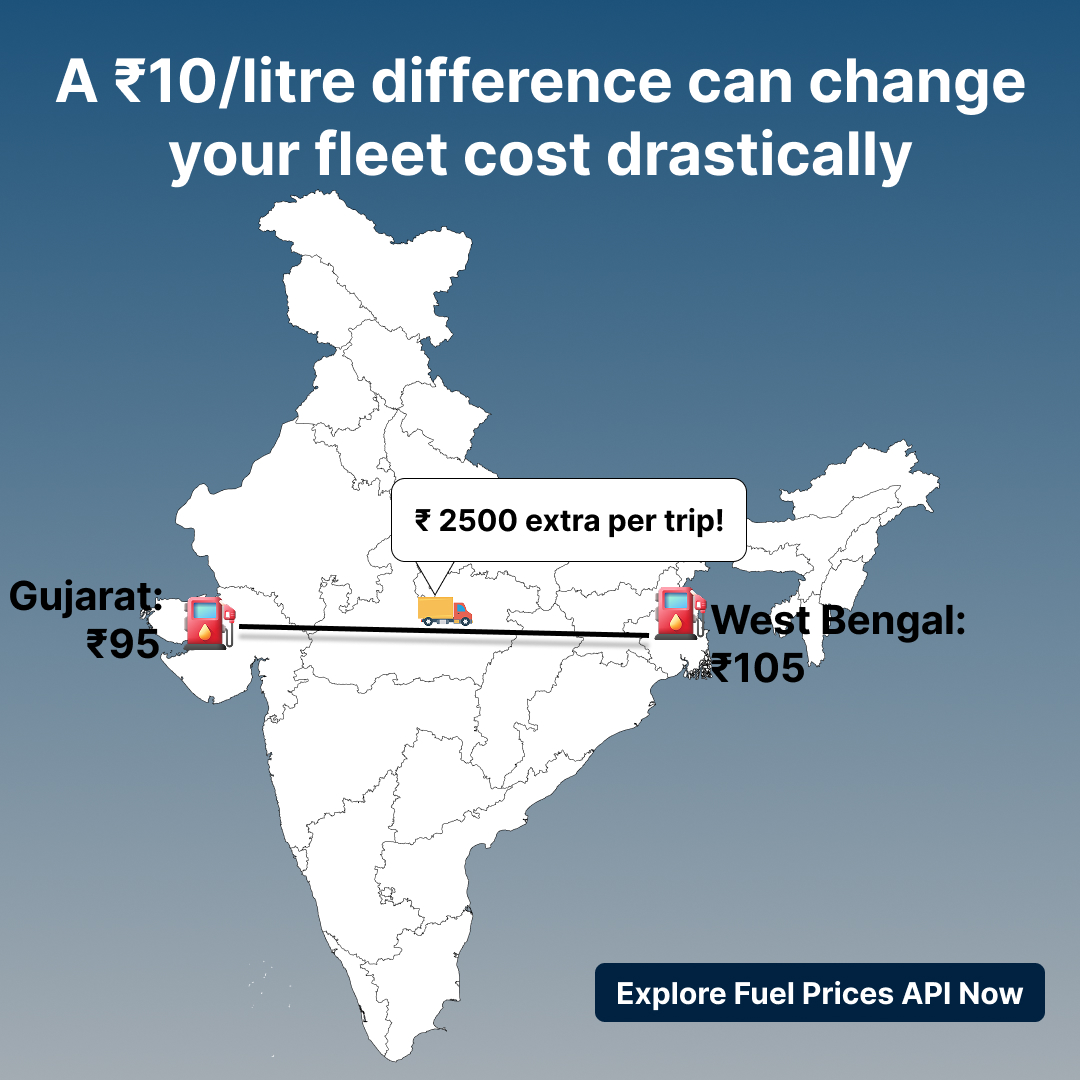 Fuelabc's tweet image. A ₹10/litre fuel price gap = ₹2500 extra per trip 💸
Know the difference before it hits your fleet cost.
⛽ Get real-time data with Fuel Prices API → api.ssrinnovationlab.com
#FleetTech #FuelAPI #Logistics #DataDriven