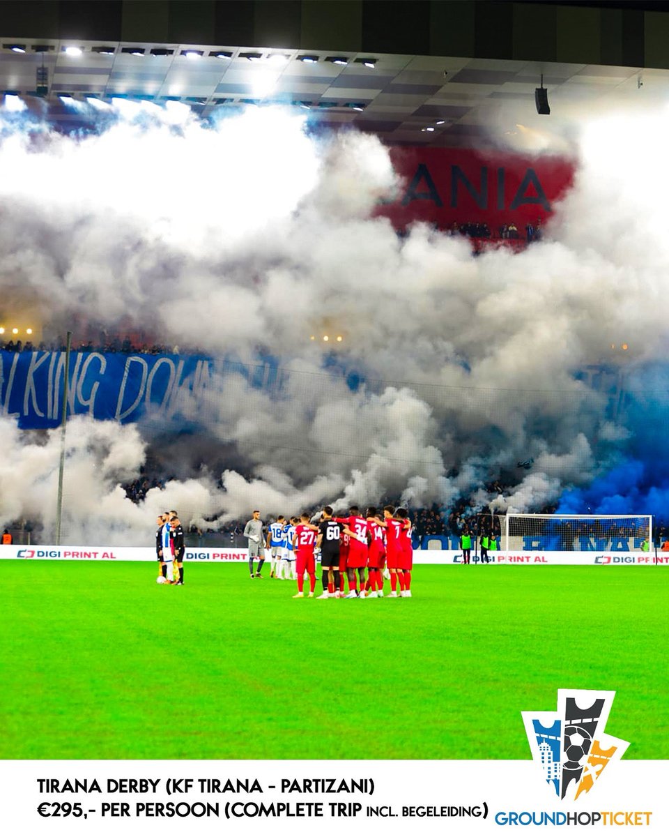 🔥 Derby van Tirana
✈️ KF Tirana - Partizani
🏟 Air Albania Stadium (22.500)
🗓 Zondag 7 december 17:00 (n.t.b.)
⚽️ €295,- per persoon (complete reis) 

Je verblijft drie nachten in een hotel inclusief ontbijt en vliegt op vrijdag heen en op maandag terug. Verbinding Eindhoven -