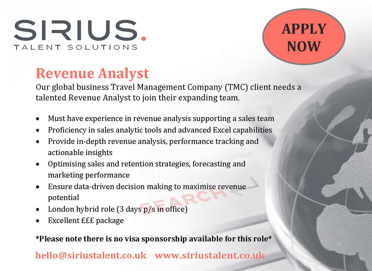 Interested? Or know someone who might be? 👇
siriustalent.co.uk
#sirius #siriustalent #corporatetravel #businesstravel #traveljobs #corporatetraveljobs #businesstraveljobs #revenueanalyst