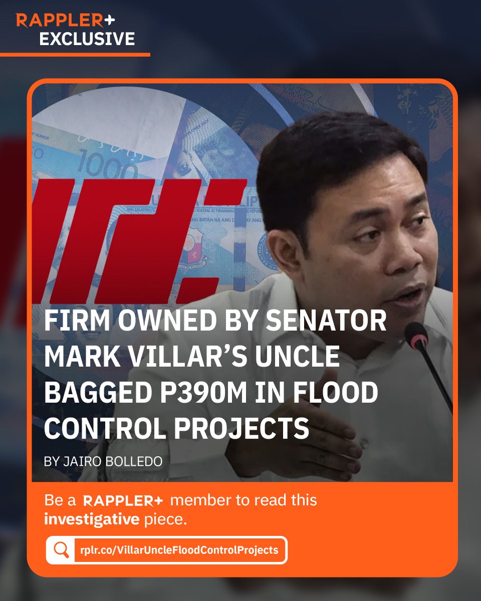 rapplerdotcom's tweet photo. The firm owned by the uncle of Senator Mark Villar, and a brother of former senator Cynthia Villar — Christian Aguilar — bagged hundreds of millions’ worth of flood control projects, Rappler’s investigation revealed. https://t.co/ilJchxR9BC