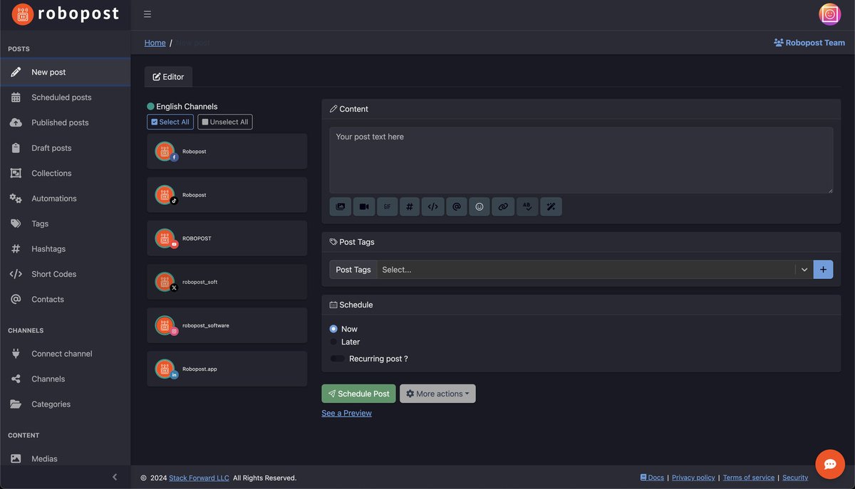 robopost_soft's tweet image. 🌙✨ DARK MODE has arrived on ROBOPOST! Explore our stylish new look and enjoy a more seamless experience. Switch up your vibe now! #DarkMode #RoboPost #UI #ContentAutomation