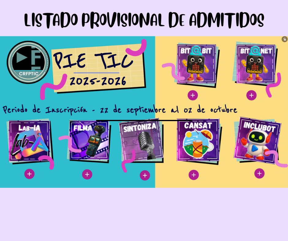 📢 ¡Ya está disponible el listado provisional de admitidos en los PIE TIC!

👉 Accede al listado provisional aquí: educa.jcyl.es/profesorado/es…

#PIETIC #Innovación @educacyll