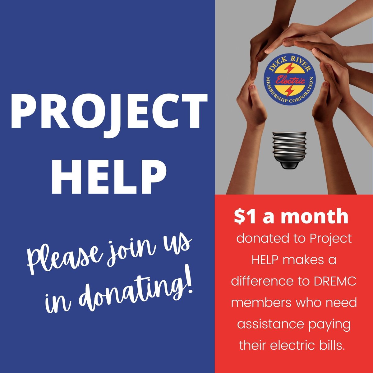 Just a dollar can make a difference to a neighbor in need! Join the wave of members who contribute to Project HELP. It’s easy to donate: 
✅ Complete the remit portion of your electric bill
✅ Sign up to donate online at ow.ly/yXnS50X9Qri
✅ Make donations at a DREMC office