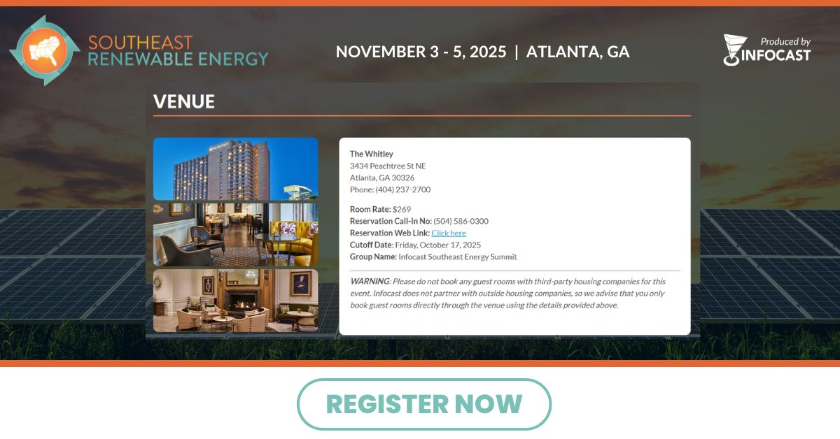 ⏳ Deadline Alert TODAY, Friday October 17

Hotel block for Southeast Renewable Energy ends tonight!

Secure your room at a discounted rate NOW: ow.ly/oTLw50XbrlC