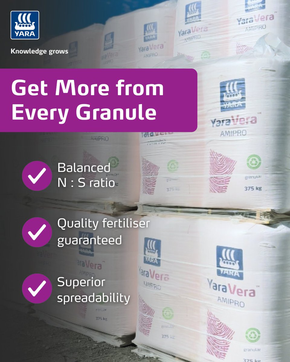 Looking for a high-quality protected urea + sulphur fertiliser?

YaraVera AMIPRO offers:
☑️ N &amp; S in every granule
☑️ Even nutrient distribution
☑️ Accurate spreading up to 36m
☑️ Protected urea with NBPT urease inhibitor for efficient nitrogen use

ow.ly/J38550X7ErK