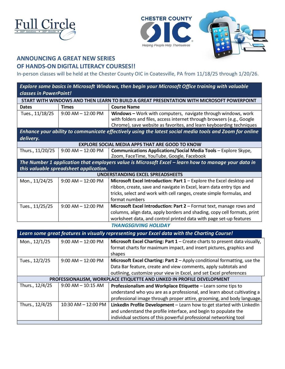 ChesCoOIC's tweet image. Our Digital Literacy program is back on 11/18/25 !
Reach out to Asia at asuber@cc-oic.org or call 484 - 378 - 1806 to learn more and sign up.
#digital #literacy #program #returns #ccoic #coatesville #pa