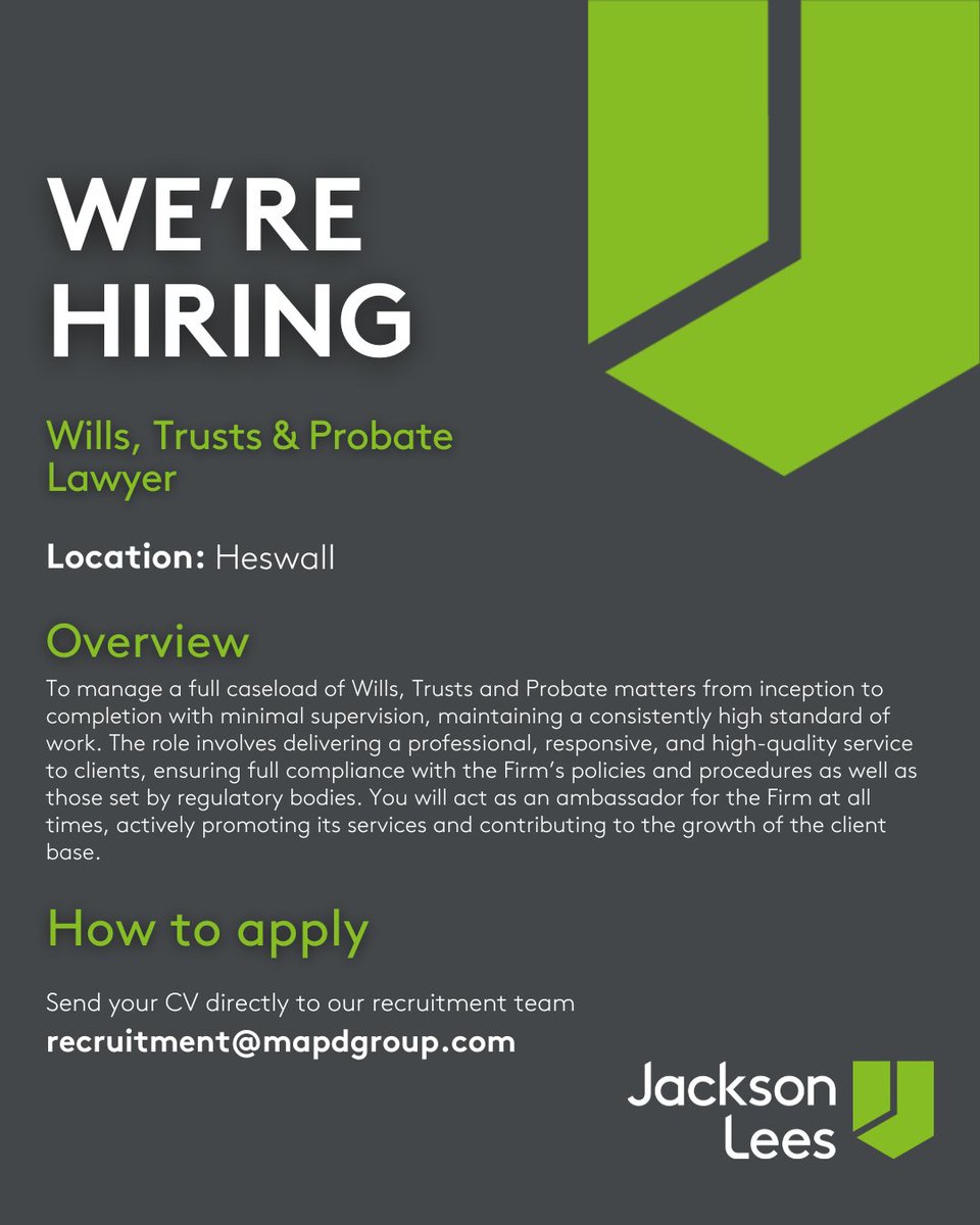 We’re hiring! 

We have a fantastic opportunity for a Wills, Trusts &amp; Probate Lawyer to join our team at Jackson Lees, based in our Heswall office.
 
To enquire or send your CV, please contact Gary Singer or email: recruitment@mapdgroup.com

#LegalJobs #HeswallJobs #LawCareers