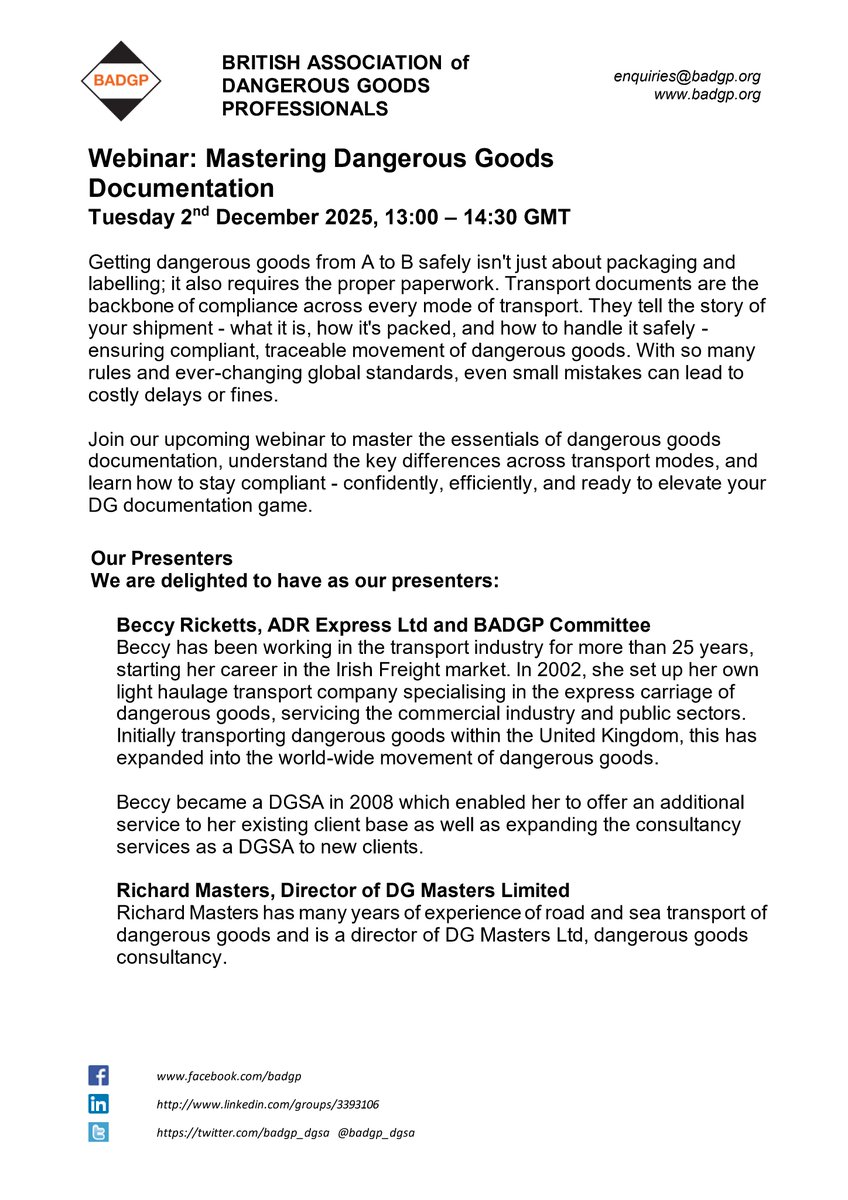 New BADGP Webinar: Mastering Dangerous Goods Documentation

Tuesday 2nd December 2025, 13:00 - 14:30 GMT

To register for the webinar, please visit: badgp.org/event-5914039 

#badgp #dgsa #dangerousgoods #transport #transportdocumentation