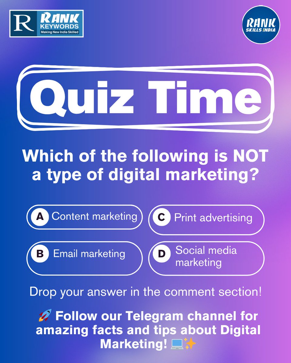 rank_group96838's tweet image. 🎯Digital Marketing Quiz Time!
Think you know your marketing basics? Let’s find out 👇
Drop your answer in the comments and see who’s the real pro! 🏆
📢 Join our Telegram Channel!
Get daily amazing facts and updates about Digital Marketing 🚀
#RankKeywords  #DigitalMarketing