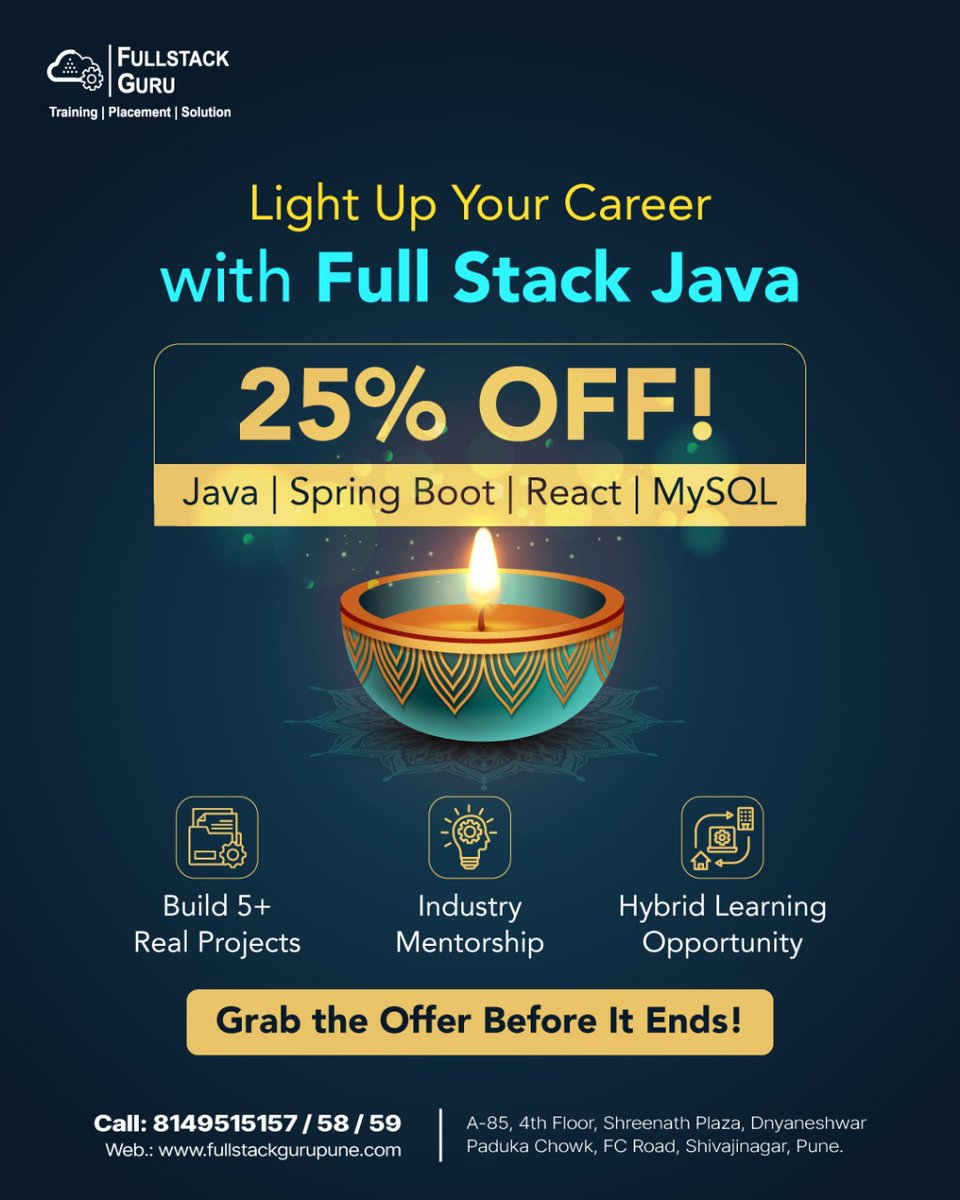 FullStackGuru1's tweet image. 💻✨ Light up your tech career this festive season!

#fullstackjava #javadeveloper #fullstackguru #codinglife #programmingjourney #learncoding #itcareer #techtraining #springboot #reactjs #mysql #javaprogramming #softwaredeveloper #webdevelopment #careerboost #diwalioffer