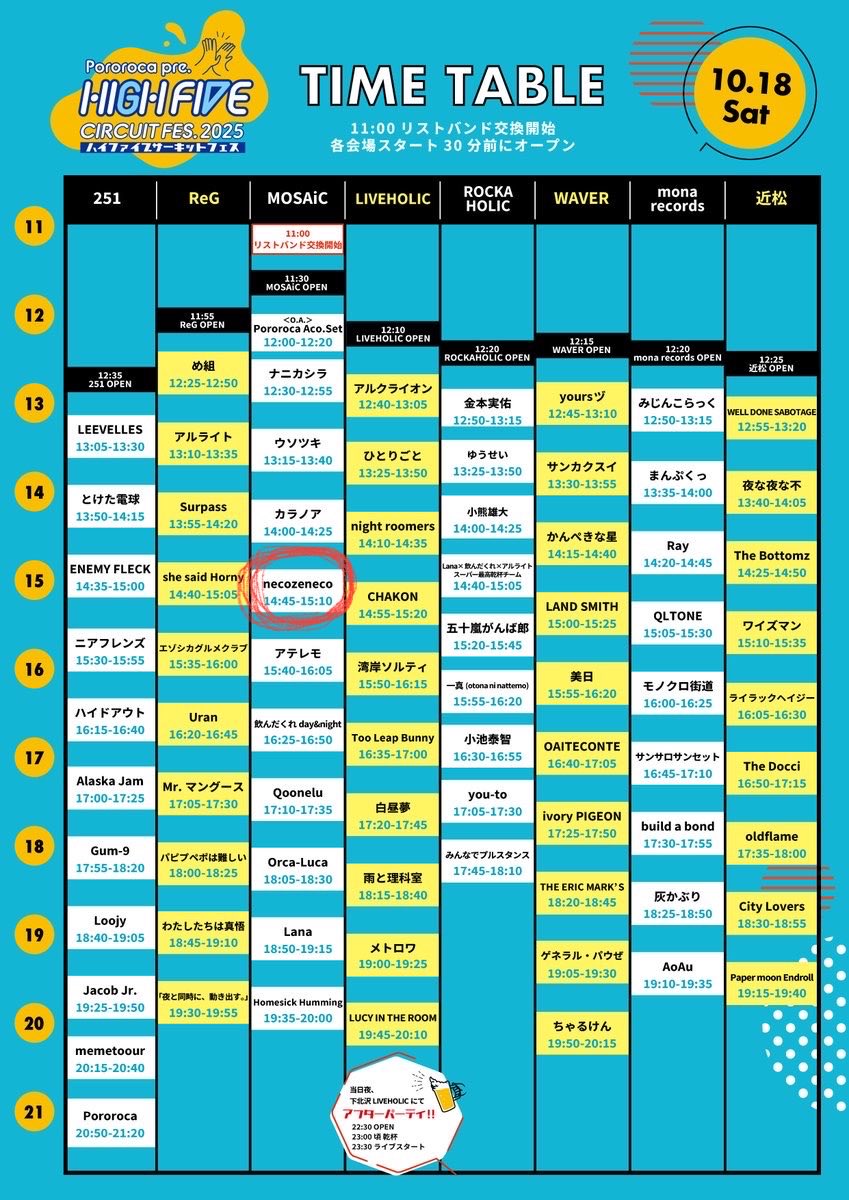明日下北沢🚩

10/18(土)下北沢8会場
251/ReG/MOSAiC/LIVEHOLIC/近松/mona records/WAVER/ROCKAHOLIC

Pororoca pre.
"HIGH FIVE CIRCUIT FES.2025"

necozeneco  MOSAiC 14:45〜出演

adv.¥3800(+1D)/学割:adv.¥2300(+1D)

🎫
livepocket
t.livepocket.jp/e/highfive2025
HP予約
necozeneco.jimdofree.com