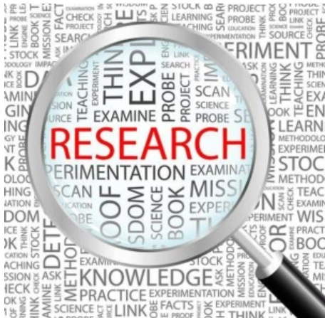 Magnifying glass illustration with magnifying glass that focuses on the word 'research'. Research is highlighted in red.