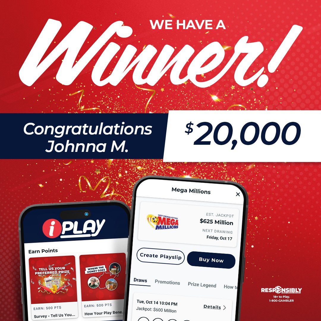 📱💰Congratulations to Johnna M. on winning $20,000 playing Mega Millions on iPLAY.  
wvlottery.com/games/draw-gam…
#PlayON #iPLAY