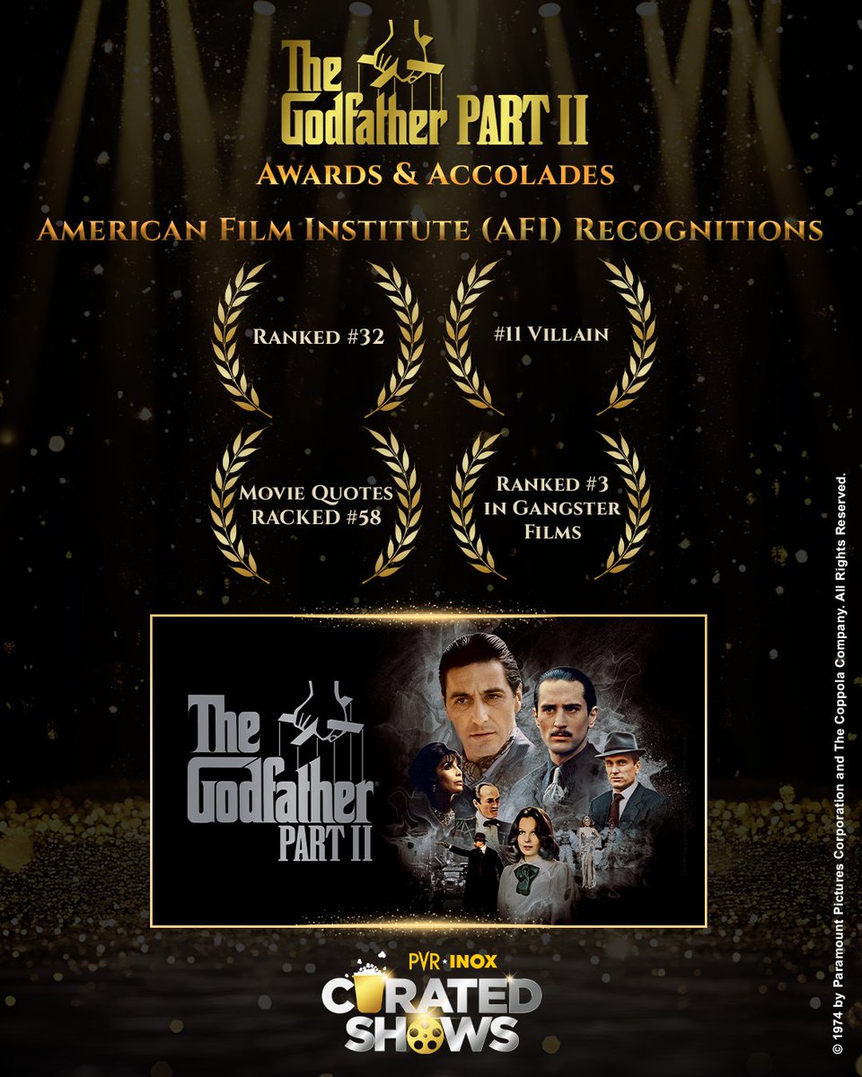 _PVRCinemas's tweet photo. A cinematic masterpiece that redefined storytelling… The Godfather Part II took home numerous awards 🏆 and accolades. 🌟 Let's take a look!
#TheGodfatherPartII now screening in stunning 4K remastered quality at PVR INOX!
Book now: https://t.co/aktyEjTijg
.
.
.
#TheGodfatherPart2 #TheGodfather #AlPacino #JamesCaan #RoberDeNiro #DianeKeaton #TheGodfatherTrilogy #CuratedShows