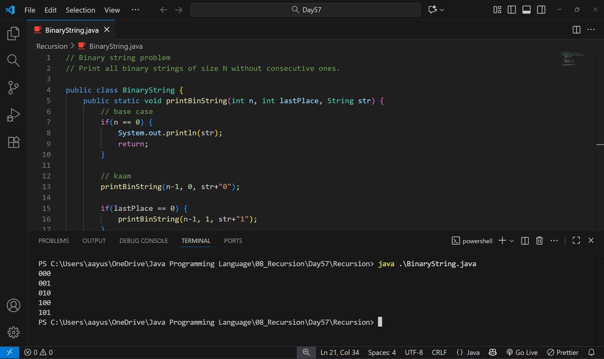 aayuu_24's tweet image. #Day57 💻
🌐 Web Dev: Learned conditionals, switch case, truthy/falsy, alert & prompt + solved assignments.
☕ Java: Solved Binary String Problem using recursion.
#100DaysOfCode #Java #WebDevelopment #CodingJourney