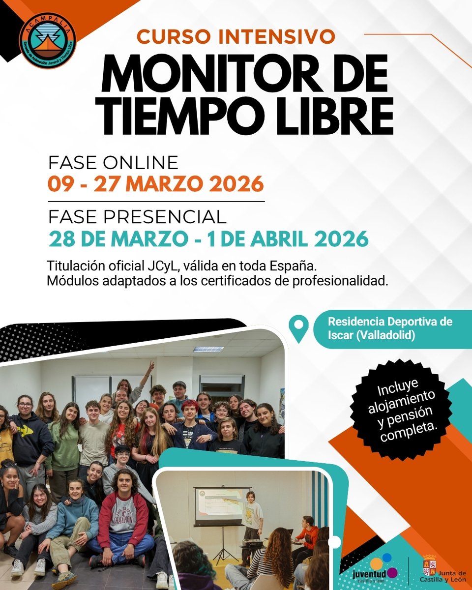 Acampalia's tweet photo. ¡Nuevas fechas del Curso de Monitor de Tiempo Libre!

🖥️ Online: 9–27 marzo 2026
🏡 Presencial: 28 marzo – 1 abril 2026
📍 Residencia Deportiva de Íscar (Valladolid)
Fórmate, y conviértete en monitor/a de campamentos con Acampalia 
Más info en https://t.co/VG8EozgO62 https://t.co/JMoCuEYdUV