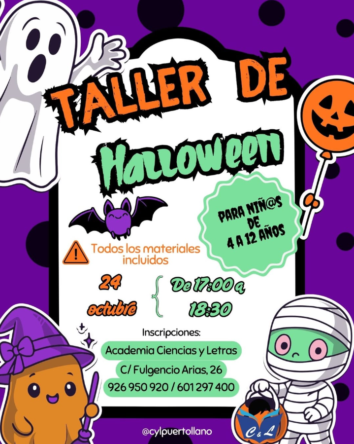CyLPuertollano's tweet photo. 👻¡Nos adelantamos a Halloween!🎃
Ven a nuestro taller el próximo 24 de octubre y pasa una tarde terroríficamente divertida con nosotr@s.

🕷️Manualidades, juegos y muchas sorpresas
📅24 de octubre
🕔17:00 a 18:30
📍C/ Fulgencio Arias, 26

¡Plazas limitadas!
☎️926950920/601297400 https://t.co/psXA7WR0fC