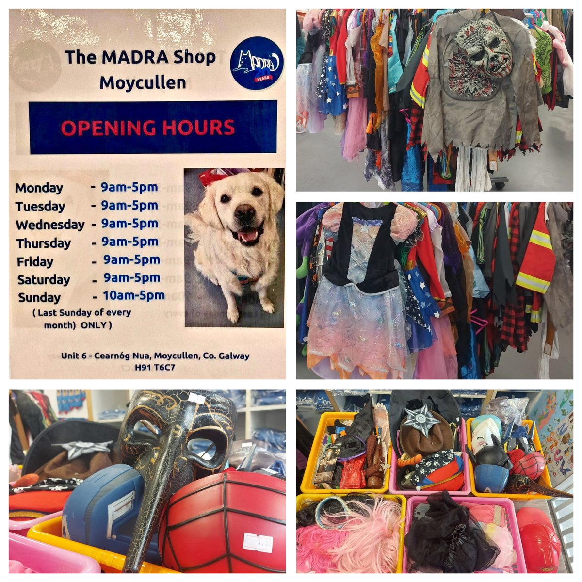 MADRADogRescue's tweet image. Pop into our #dogfriendly MADRA shop in  #Moycullen (beside Supervalu) - extended opening hours too! ✨

Children will love our Halloween costumes while you browse our range of collectables, vintage fashion and upcycled home goods 🎃👻🛍

#shopping #sustainable #MADRA