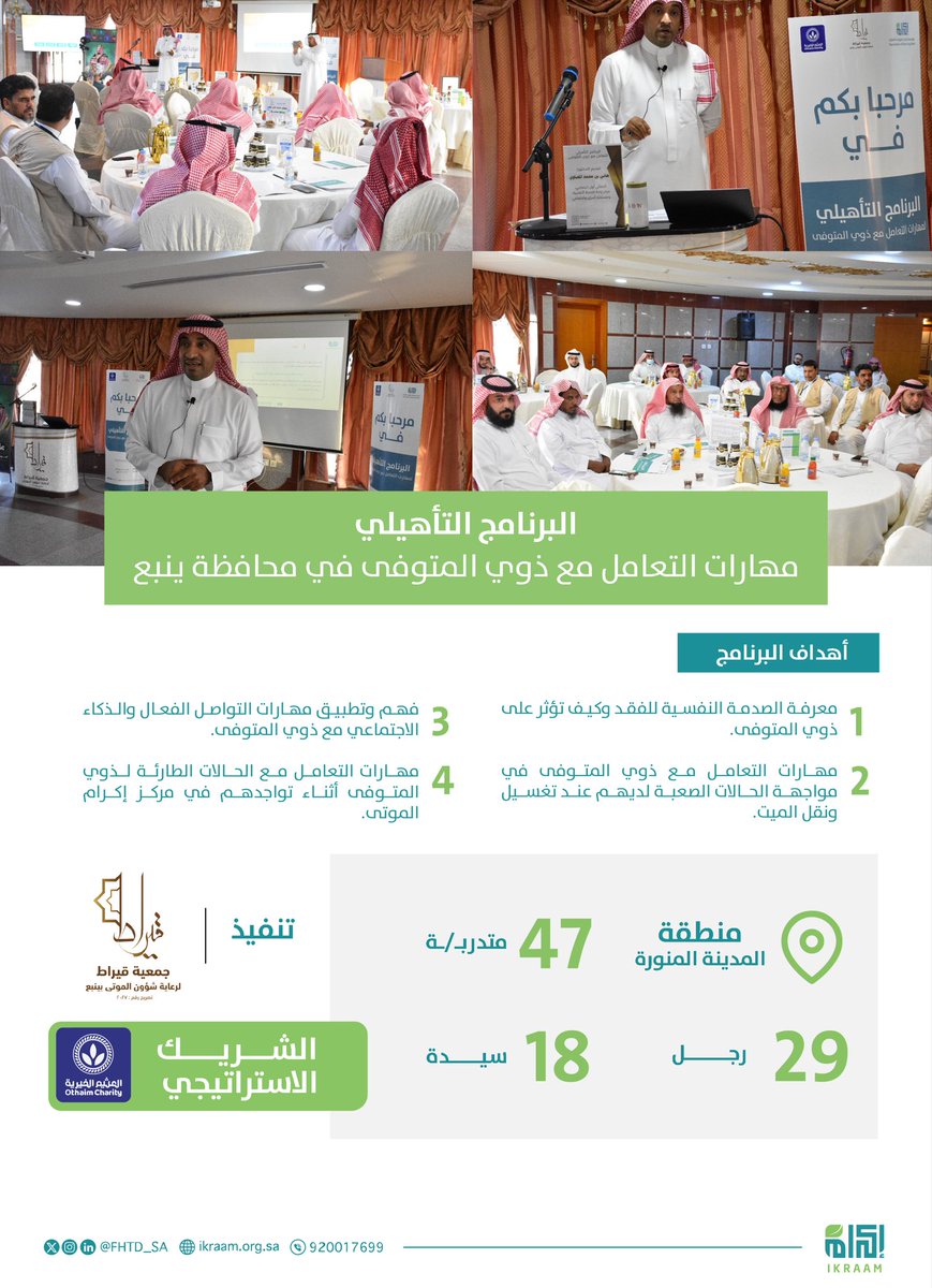 بالتعاون مع جمعية <a href="/qirat_sa/">جمعية قيراط</a> ، اختُتم البرنامج التأهيلي " مهارات التعامل مع ذوي المتوفى " في محافظة ينبع ، بشراكة استراتيجية مع <a href="/AlothaimCharity/">مؤسسة عبدالله العثيم وأولاده الخيرية</a>.