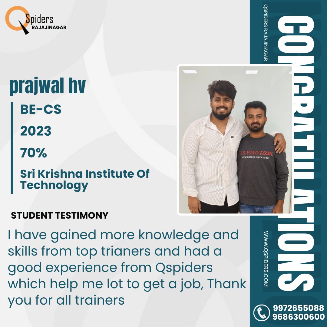 QRajajinagar's tweet image. Congratulations Prajwal HV from Sri Krishna Institute of Technology (BE-CS, 2023, 70%)
#QSpidersRajajinagar #PySpiders #JSpiders #ProSpiders #StudentSuccess #CareerGrowth #LearningJourney #StudentTestimony #JobReady #MotivationForStudents #srikrishnainstituteoftechnology
