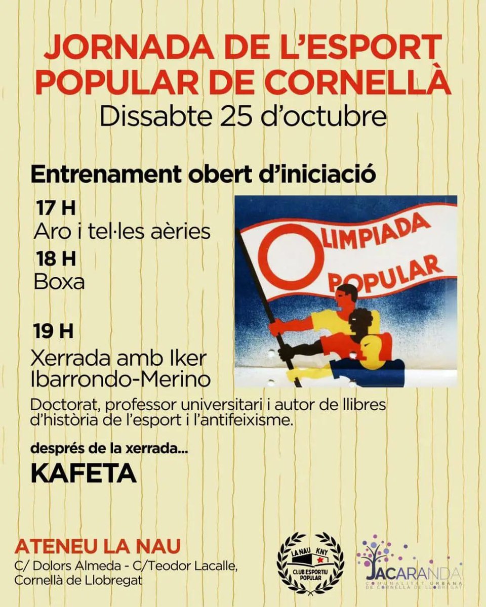JORNADA DE L'ESPORT POPULAR
Vine a la jornada de portes obertes del club esportiu popular i participa en els entrenaments oberts.

Inscripcions:
forms.gle/wZrcU2d6Vrg5V6…

Després tindrem xerrada amb l'Iker Ibarrondo-Merino.
Esport popular com a eina de transformació social.